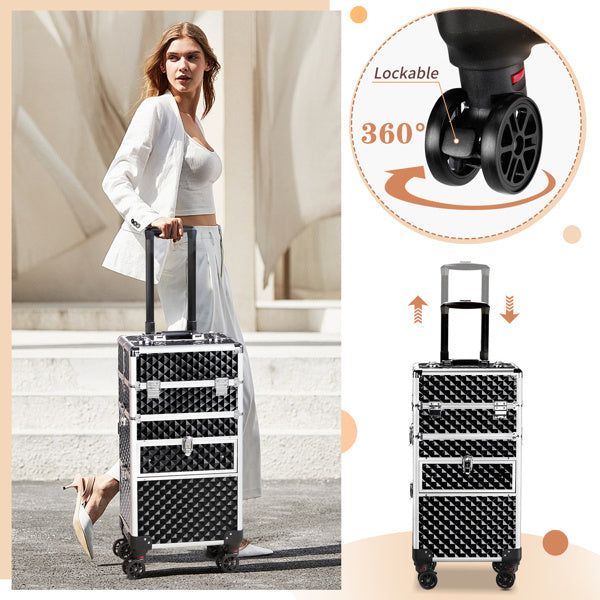 Black and silver rolling travel make up case with drawers and lockable 360 wheels