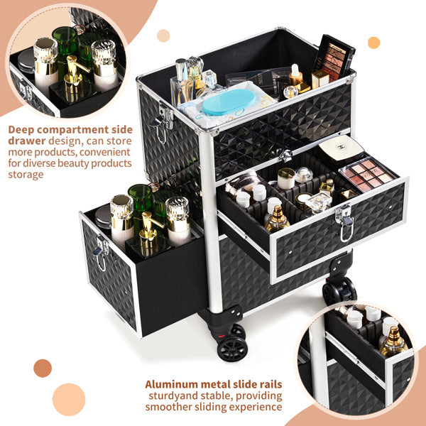 black make up case showing all drawers open