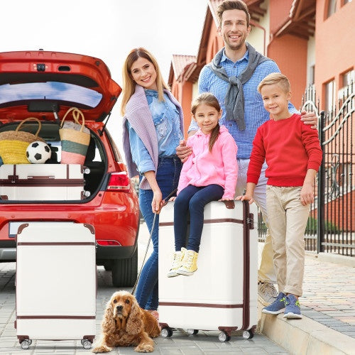 family enjoying 3 piece luggage set in white